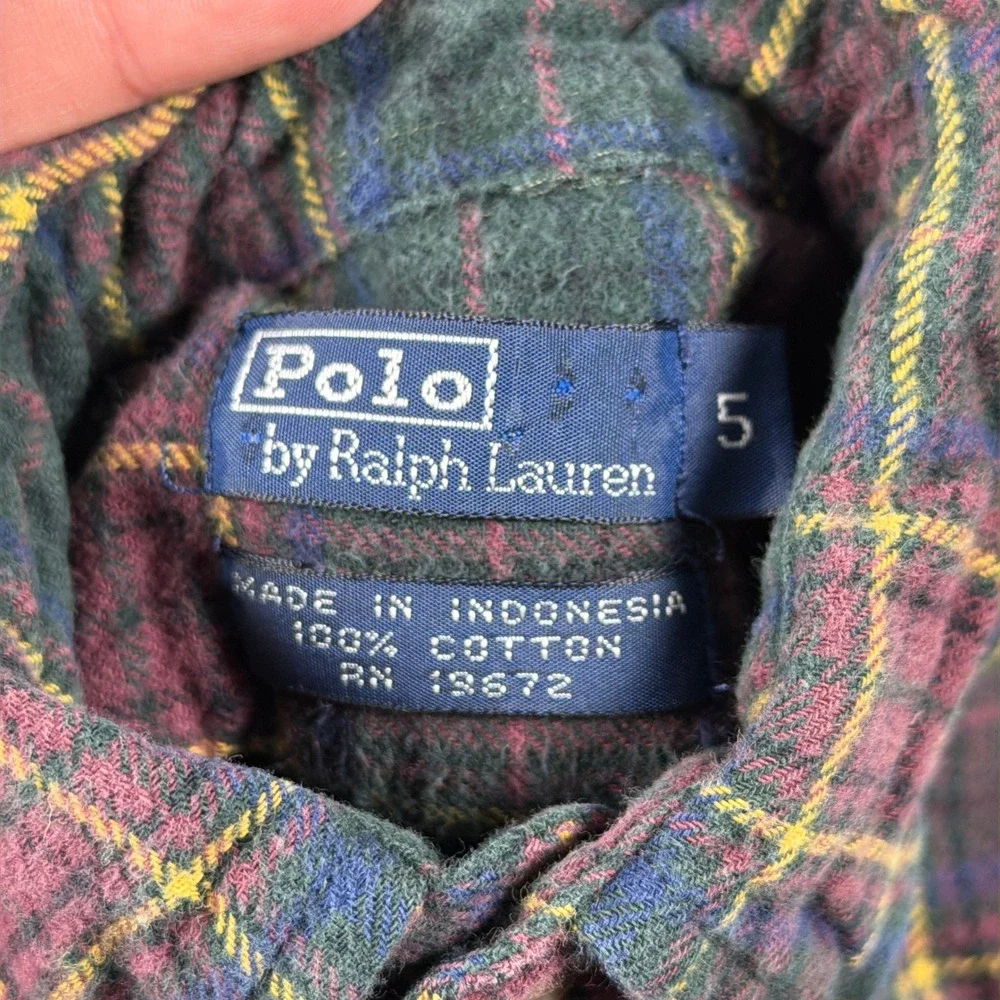 Polo Ralph Lauren Flannel Button Down Shirt Kids Size‎ 5 Green Burgundy Plaid